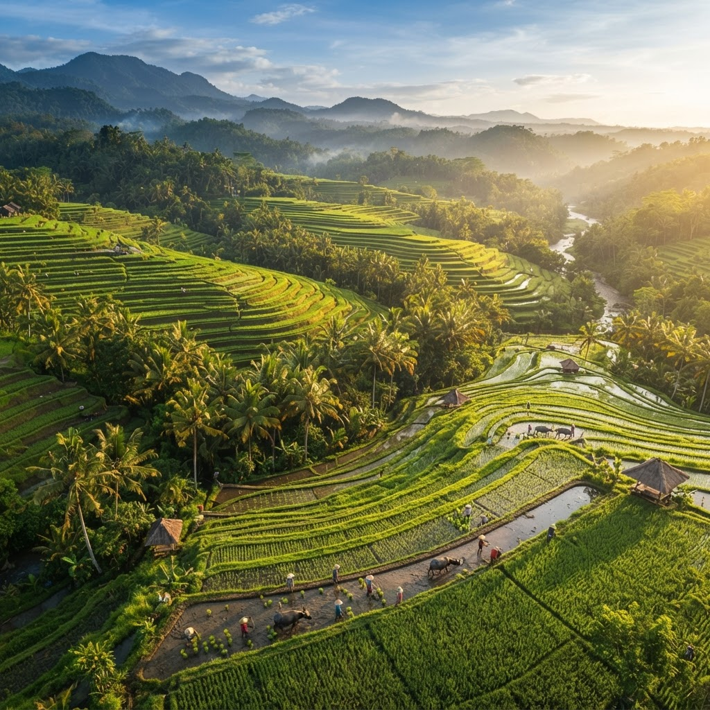 Aerial view of lush Indonesian terraced rice paddies and palm plantations across tropical hills